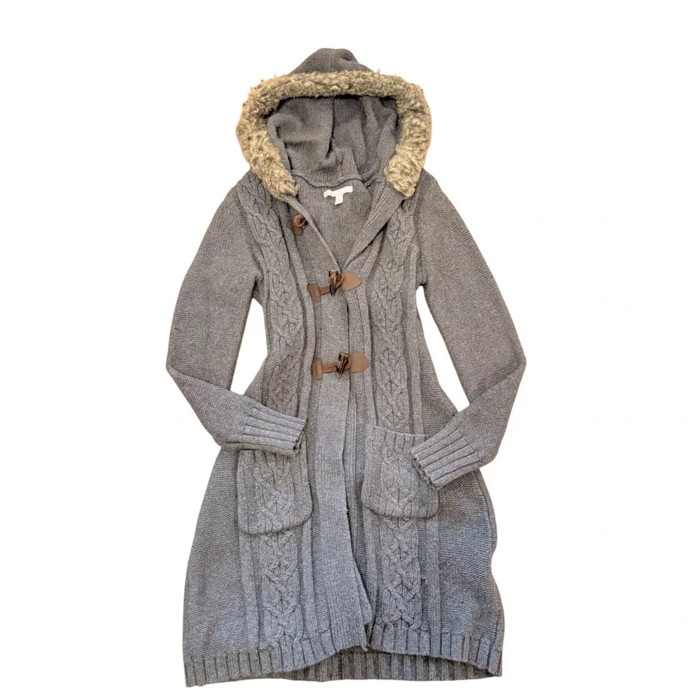 Old Navy Grey Cable Knit Toggle Cardigan Hooded Faux Fur Trim Sweater Womens‎ M